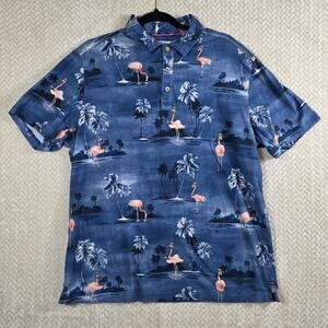 Tommy Bahama Polo Shirt Mens Large Blue Flamingo Palm Tropical Cotton Vacation